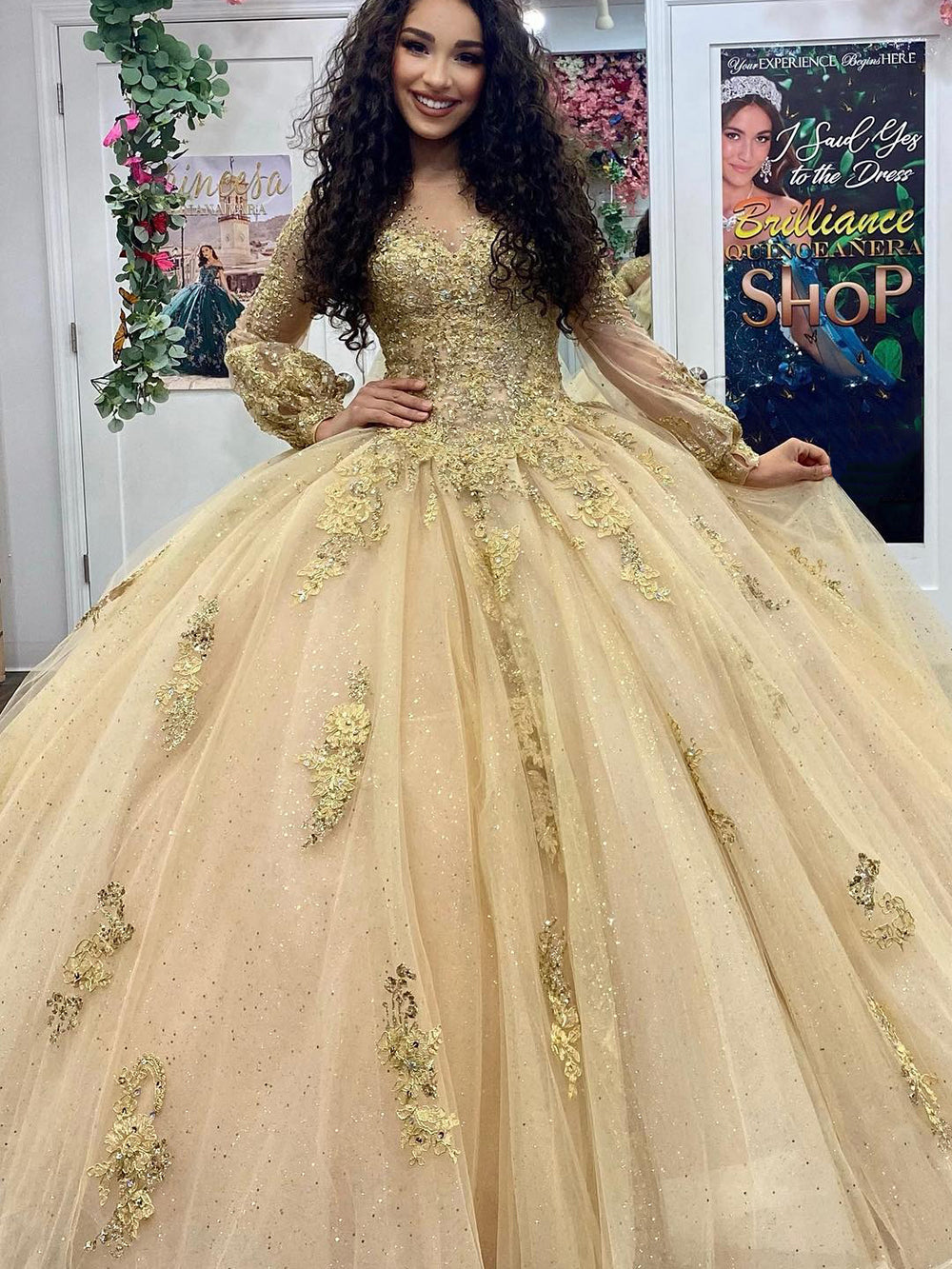 Misshow Exquisite Off-Shoulder Ball Gown Long Sleeve Lace Applique Beaded Tulle Quinceanera Dress for Sweet 16 & Formal Evenings