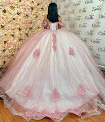 Misshow Exquisite Off-Shoulder Ball Gown Long Sleeve Lace Applique Pink Tulle Quinceanera Dress with Sweep Train for Sweet 16