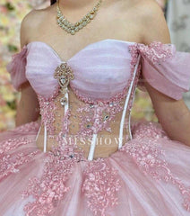 Misshow Exquisite Off-Shoulder Ball Gown Long Sleeve Lace Applique Pink Tulle Quinceanera Dress with Sweep Train for Sweet 16