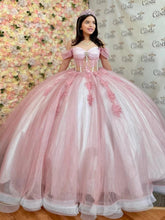 Misshow Exquisite Off-Shoulder Ball Gown Long Sleeve Lace Applique Pink Tulle Quinceanera Dress with Sweep Train for Sweet 16