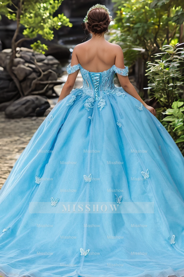 Misshow Exquisite Off-Shoulder Ball Gown with 3D Butterfly Appliques Quinceanera & Prom Party Dress for Sweet 16