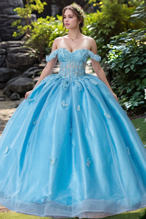 Misshow Exquisite Off-Shoulder Ball Gown with 3D Butterfly Appliques Quinceanera & Prom Party Dress for Sweet 16