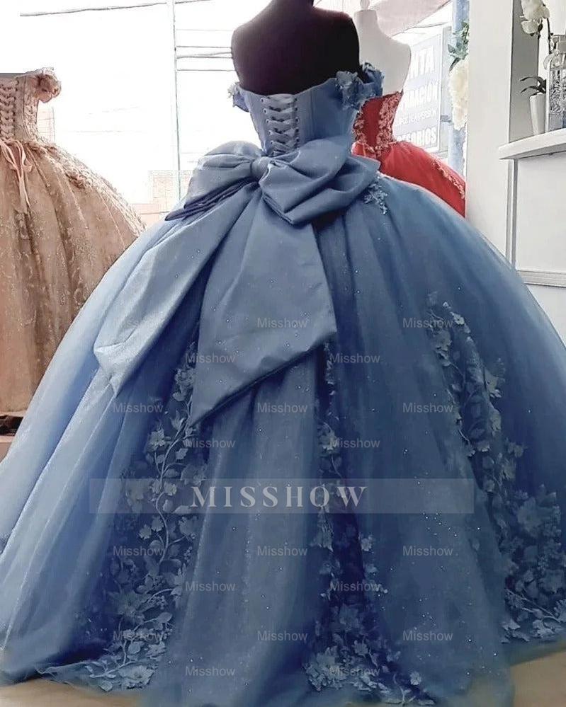 Misshow Exquisite Off-Shoulder Ball Gown with 3D Floral Lace Appliques & Beaded Blue Tulle for Quinceanera or Sweet 16