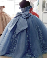 Misshow Exquisite Off-Shoulder Ball Gown with 3D Floral Lace Appliques & Beaded Blue Tulle for Quinceanera or Sweet 16