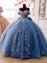 Misshow Exquisite Off-Shoulder Ball Gown with 3D Floral Lace Appliques & Beaded Blue Tulle for Quinceanera or Sweet 16
