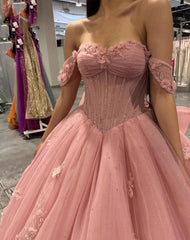 Misshow Exquisite Off-Shoulder Ball Gown with 3D Floral Lace Appliques Pink Tulle Quinceanera & Sweet 16 Dress