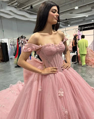 Misshow Exquisite Off-Shoulder Ball Gown with 3D Floral Lace Appliques Pink Tulle Quinceanera & Sweet 16 Dress