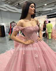 Misshow Exquisite Off-Shoulder Ball Gown with 3D Floral Lace Appliques Pink Tulle Quinceanera & Sweet 16 Dress