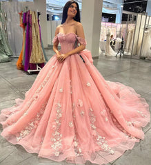 Misshow Exquisite Off-Shoulder Ball Gown with 3D Floral Lace Appliques Pink Tulle Quinceanera & Sweet 16 Dress