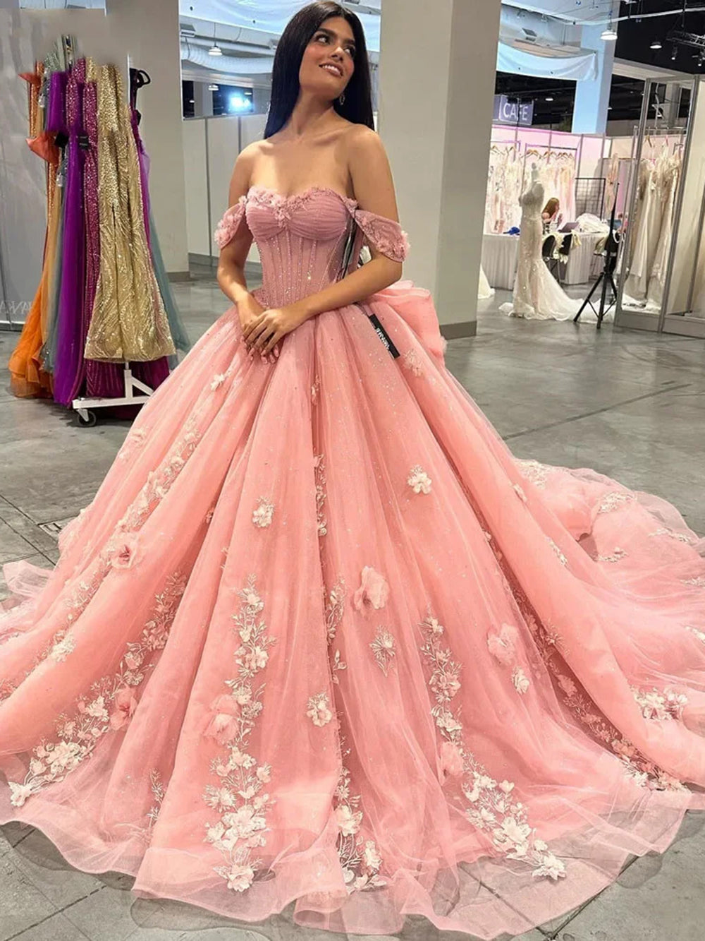 Misshow Exquisite Off-Shoulder Ball Gown with 3D Floral Lace Appliques Pink Tulle Quinceanera & Sweet 16 Dress