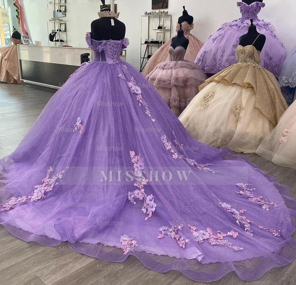 Misshow Exquisite Off-Shoulder Ball Gown with 3D Floral Lace Appliques Purple Tulle Quinceanera Dress for Sweet 16 & Birthday Celebrations