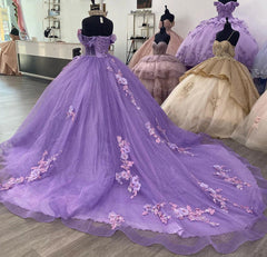 Misshow Exquisite Off-Shoulder Ball Gown with 3D Floral Lace Appliques Purple Tulle Quinceanera Dress for Sweet 16 & Birthday Celebrations