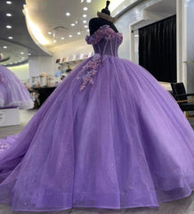 Misshow Exquisite Off-Shoulder Ball Gown with 3D Floral Lace Appliques Purple Tulle Quinceanera Dress for Sweet 16 & Birthday Celebrations