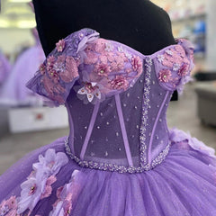 Misshow Exquisite Off-Shoulder Ball Gown with 3D Floral Lace Appliques Purple Tulle Quinceanera Dress for Sweet 16 & Birthday Celebrations