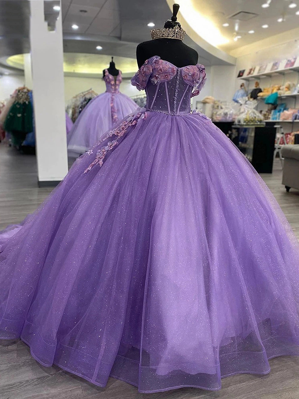 Misshow Exquisite Off-Shoulder Ball Gown with 3D Floral Lace Appliques Purple Tulle Quinceanera Dress for Sweet 16 & Birthday Celebrations