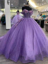 Misshow Exquisite Off-Shoulder Ball Gown with 3D Floral Lace Appliques Purple Tulle Quinceanera Dress for Sweet 16 & Birthday Celebrations