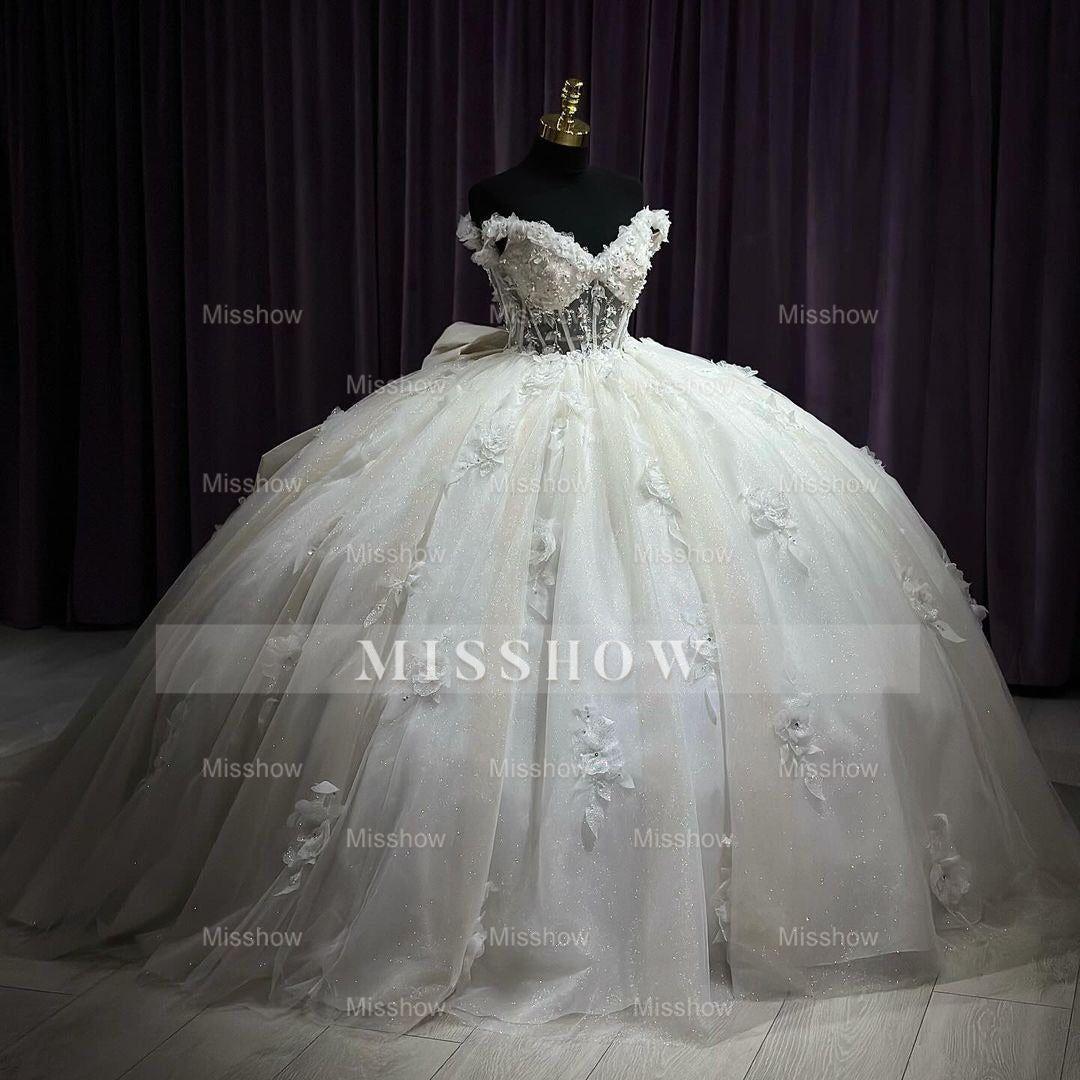 Misshow Exquisite Off-Shoulder Ball Gown with Floral Appliques & Beaded Tulle Quinceanera & Sweet 16 Formal Evening Dress