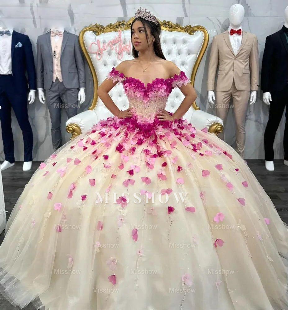 Misshow Exquisite Off-Shoulder Ball Gown with Floral Appliques & Beaded Tulle for Quinceanera or Sweet 16
