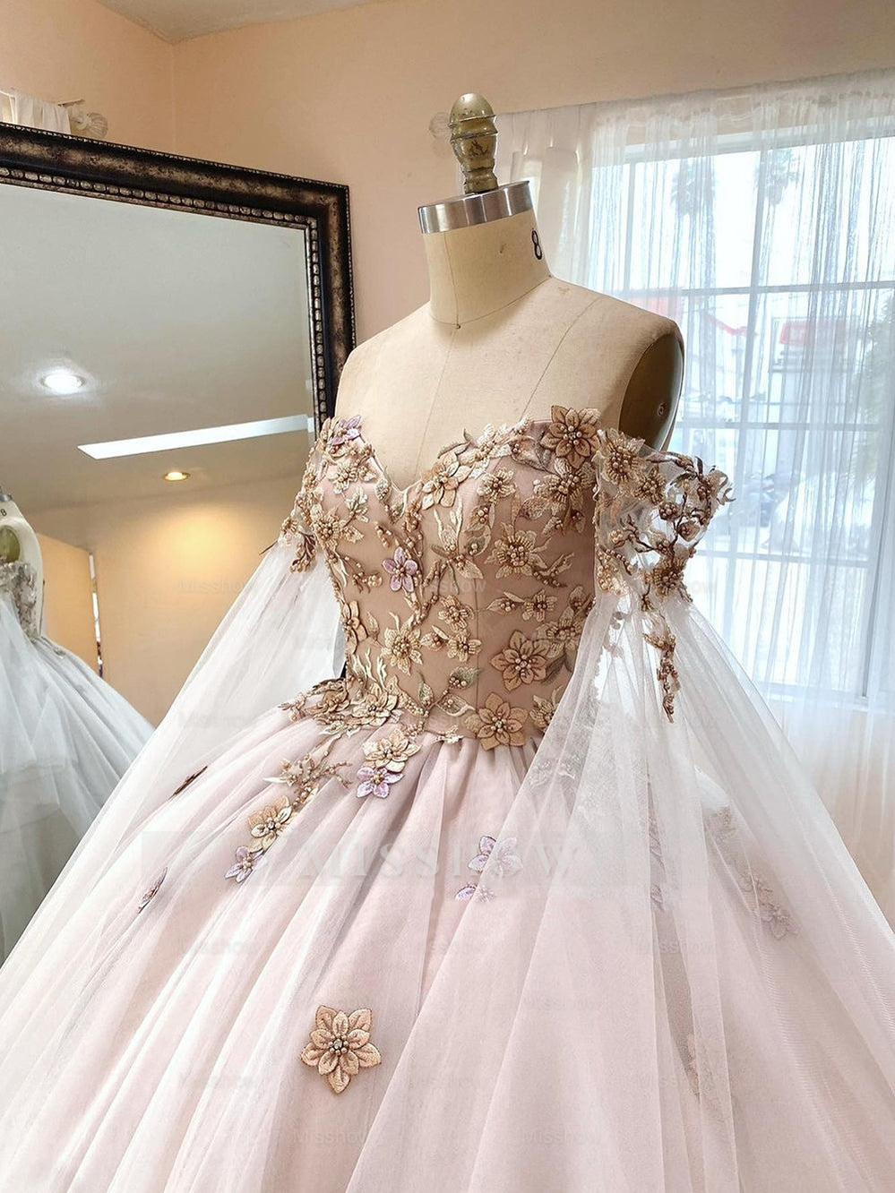 Misshow Exquisite Off-Shoulder Ball Gown with Floral Appliques Long-Sleeve Tulle Quinceanera Dress for Sweet 16