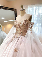Misshow Exquisite Off-Shoulder Ball Gown with Floral Appliques Long-Sleeve Tulle Quinceanera Dress for Sweet 16
