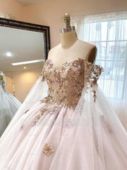 Misshow Exquisite Off-Shoulder Ball Gown with Floral Appliques Long-Sleeve Tulle Quinceanera Dress for Sweet 16