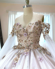 Misshow Exquisite Off-Shoulder Ball Gown with Floral Appliques Long-Sleeve Tulle Quinceanera Dress for Sweet 16