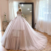 Misshow Exquisite Off-Shoulder Ball Gown with Floral Appliques Long-Sleeve Tulle Quinceanera Dress for Sweet 16
