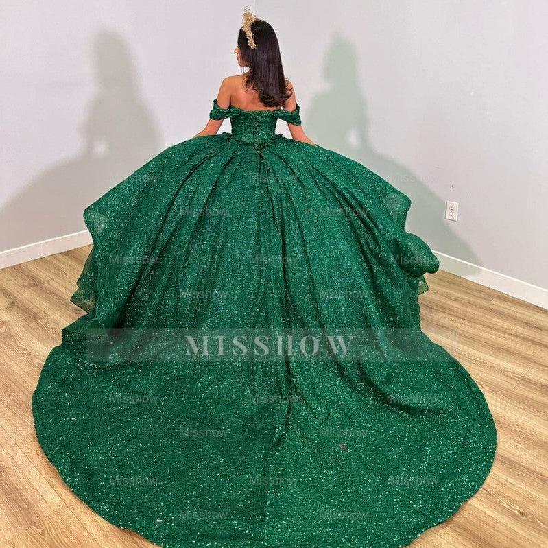 Misshow Exquisite Off-Shoulder Ball Gown with Intricate Appliques Sparkling Green Tulle Quinceanera Dress for Sweet 16 & Princess Weddings