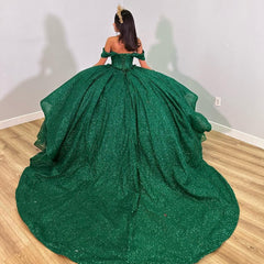 Misshow Exquisite Off-Shoulder Ball Gown with Intricate Appliques Sparkling Green Tulle Quinceanera Dress for Sweet 16 & Princess Weddings