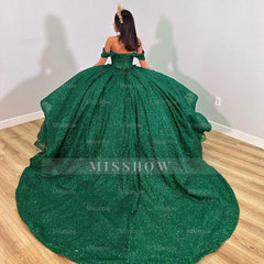 Misshow Exquisite Off-Shoulder Ball Gown with Intricate Appliques Sparkling Green Tulle Quinceanera Dress for Sweet 16 & Princess Weddings