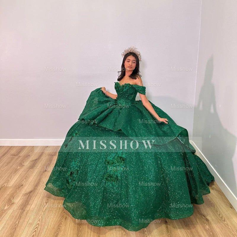Misshow Exquisite Off-Shoulder Ball Gown with Intricate Appliques Sparkling Green Tulle Quinceanera Dress for Sweet 16 & Princess Weddings