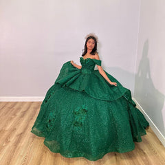 Misshow Exquisite Off-Shoulder Ball Gown with Intricate Appliques Sparkling Green Tulle Quinceanera Dress for Sweet 16 & Princess Weddings