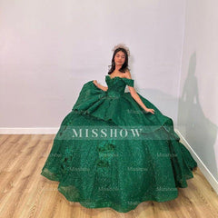 Misshow Exquisite Off-Shoulder Ball Gown with Intricate Appliques Sparkling Green Tulle Quinceanera Dress for Sweet 16 & Princess Weddings