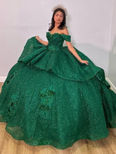 Misshow Exquisite Off-Shoulder Ball Gown with Intricate Appliques Sparkling Green Tulle Quinceanera Dress for Sweet 16 & Princess Weddings