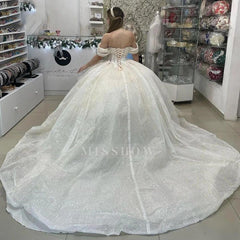 Misshow Exquisite Off-Shoulder Ball Gown with Lace Applique & Tiered Tulle Ruffles Quinceanera & Formal Evening Gown for Sweet 16