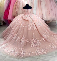 Misshow Exquisite Off-Shoulder Ball Gown with Lace Appliques & Bow Detail Pink Tulle Quinceanera Dress for Sweet 16 & Princess Birthday Parties