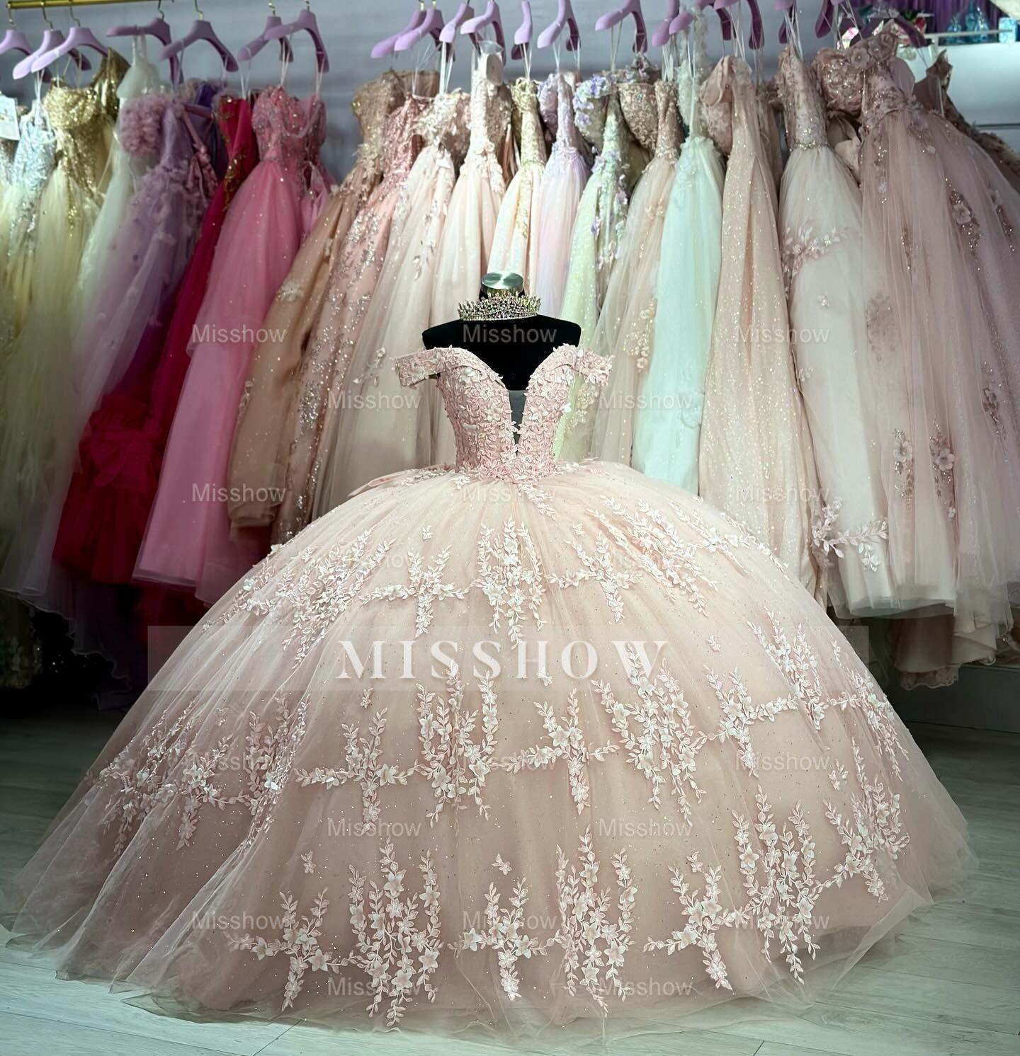 Misshow Exquisite Off-Shoulder Ball Gown with Lace Appliques & Bow Detail Pink Tulle Quinceanera Dress for Sweet 16 & Princess Birthday Parties