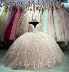 Misshow Exquisite Off-Shoulder Ball Gown with Lace Appliques & Bow Detail Pink Tulle Quinceanera Dress for Sweet 16 & Princess Birthday Parties