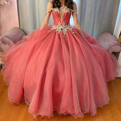 Misshow Exquisite Off-Shoulder Beaded Watermelon Pink Tulle Quinceanera Dress Sweet 16 Princess Gown