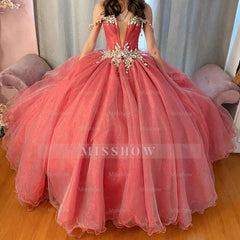 Misshow Exquisite Off-Shoulder Beaded Watermelon Pink Tulle Quinceanera Dress Sweet 16 Princess Gown