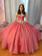 Misshow Exquisite Off-Shoulder Beaded Watermelon Pink Tulle Quinceanera Dress Sweet 16 Princess Gown