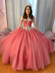 Misshow Exquisite Off-Shoulder Beaded Watermelon Pink Tulle Quinceanera Dress Sweet 16 Princess Gown