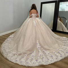 Misshow Exquisite Off-Shoulder Lace Ball Gown Sleeveless Tulle Quinceanera Dress with Sweep Train for Sweet 16