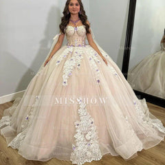 Misshow Exquisite Off-Shoulder Lace Ball Gown Sleeveless Tulle Quinceanera Dress with Sweep Train for Sweet 16