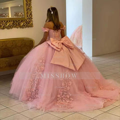 Misshow Exquisite Off-Shoulder Pink Tulle Quinceanera Dress with Lace Appliques & Beaded Details for Sweet 16