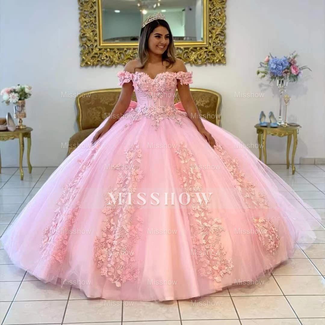 Misshow Exquisite Off-Shoulder Pink Tulle Quinceanera Dress with Lace Appliques & Beaded Details for Sweet 16