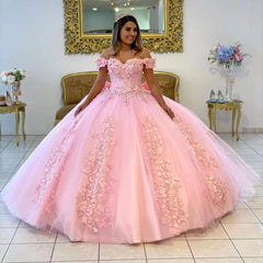 Misshow Exquisite Off-Shoulder Pink Tulle Quinceanera Dress with Lace Appliques & Beaded Details for Sweet 16
