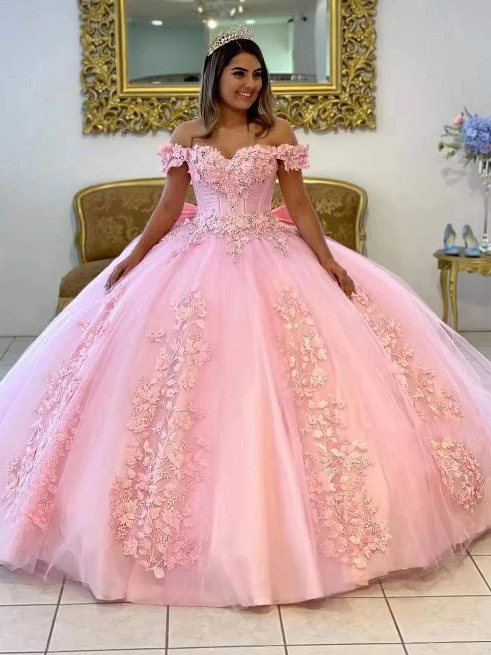 Misshow Exquisite Off-Shoulder Pink Tulle Quinceanera Dress with Lace Appliques & Beaded Details for Sweet 16
