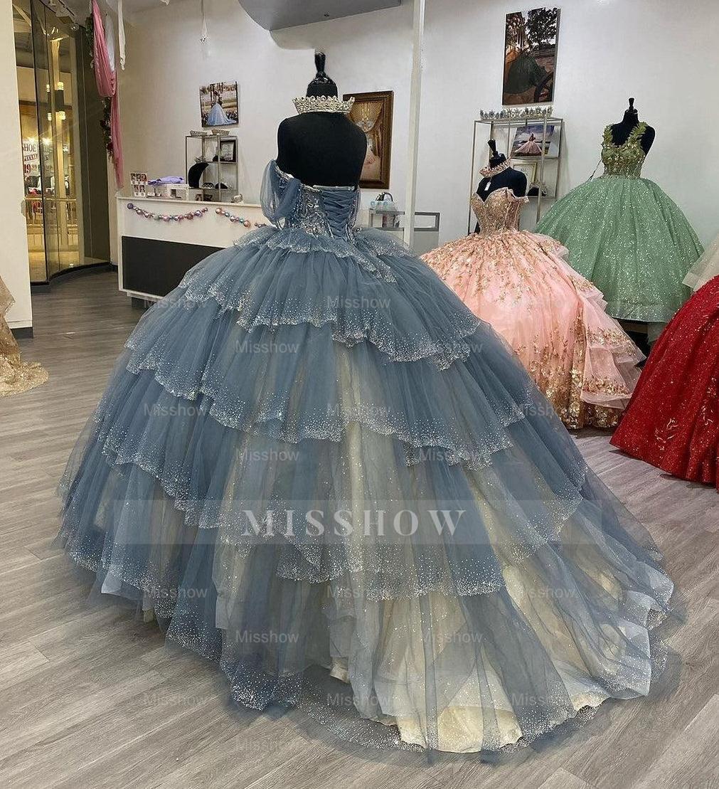 Misshow Exquisite Off-Shoulder Sweetheart Ball Gown Tiered Tulle Princess Dress for Quinceanera & Sweet 16
