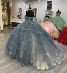 Misshow Exquisite Off-Shoulder Sweetheart Ball Gown Tiered Tulle Princess Dress for Quinceanera & Sweet 16